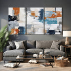 Blue Teal Abstract Canvas Wall Art, Modern Brushstroke Style Print, Navy Orange Contemporary Decor