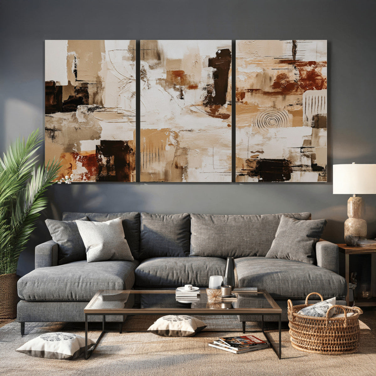 Blue Teal Abstract Canvas Wall Art, Modern Brushstroke Style Print, Navy Orange Contemporary Decor