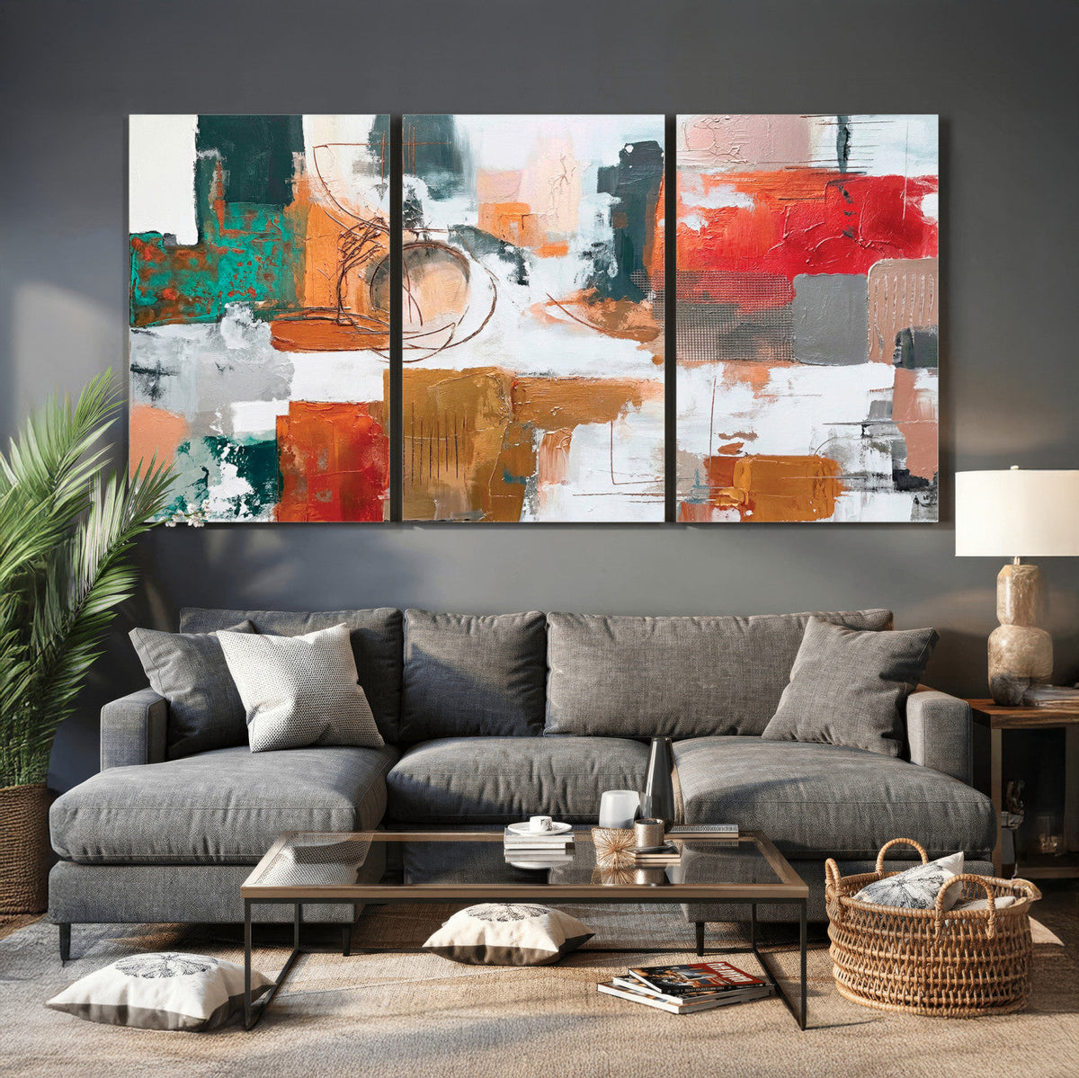Blue Teal Abstract Canvas Wall Art, Modern Brushstroke Style Print, Navy Orange Contemporary Decor