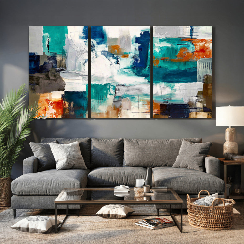 Blue Teal Abstract Canvas Wall Art, Modern Brushstroke Style Print, Navy Orange Contemporary Decor