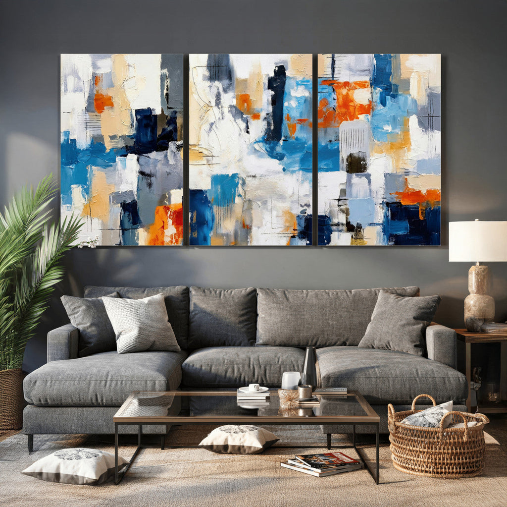 Blue Teal Abstract Canvas Wall Art, Modern Brushstroke Style Painting Print, Navy Orange Contemporary Decor