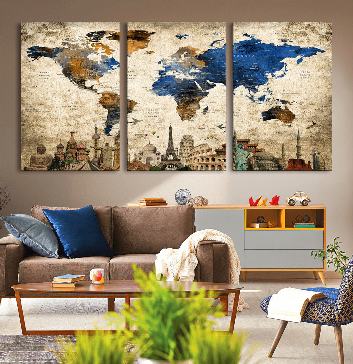 World Map Canvas Print | Vintage Blue and Gold World Map Wall Art