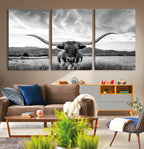 Longhorn Black and White Wall Art | Rustic Western Bull Canvas Print