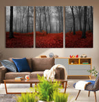 Red Forest Floor Canvas Wall Art | Mystical Foggy Woodland Triptych