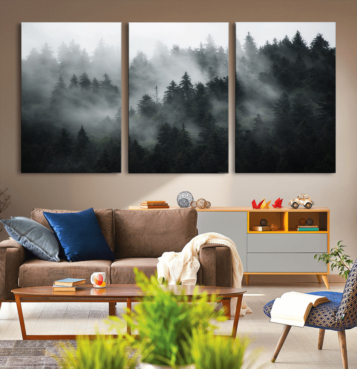 Foggy Forest Wall Art Canvas Print | 3 Panel Large Misty Landscape