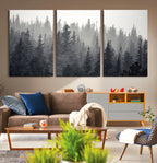 Misty Forest Canvas Wall Art | Monochrome Triptych Pine Tree Print
