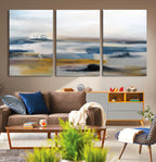 Abstract Landscape Wall Art Canvas | 3 Panel Modern Blue, Gold and White Canvas Art