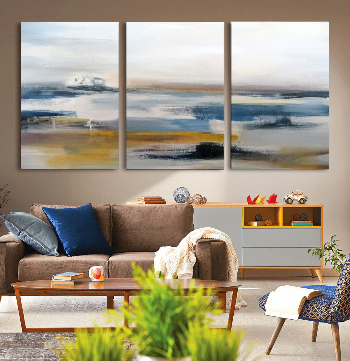 Abstract Landscape Wall Art Canvas | 3 Panel Modern Blue, Gold and White Canvas Art