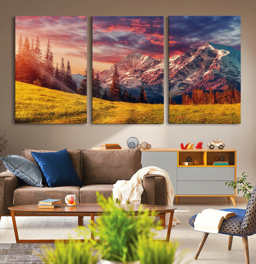 Mountain and Daylight Red Sunset Wall Art Canvas Print