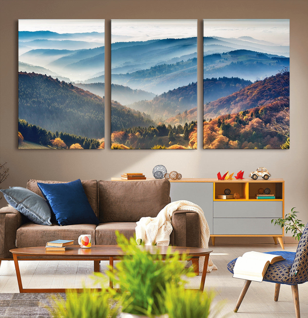 Misty Mountain Sunrise Triptych Canvas Print | Autumn Landscape Wall Art