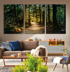 Sunlit Forest Pathway Canvas Print | 3 Panel Large Nature Wall Art