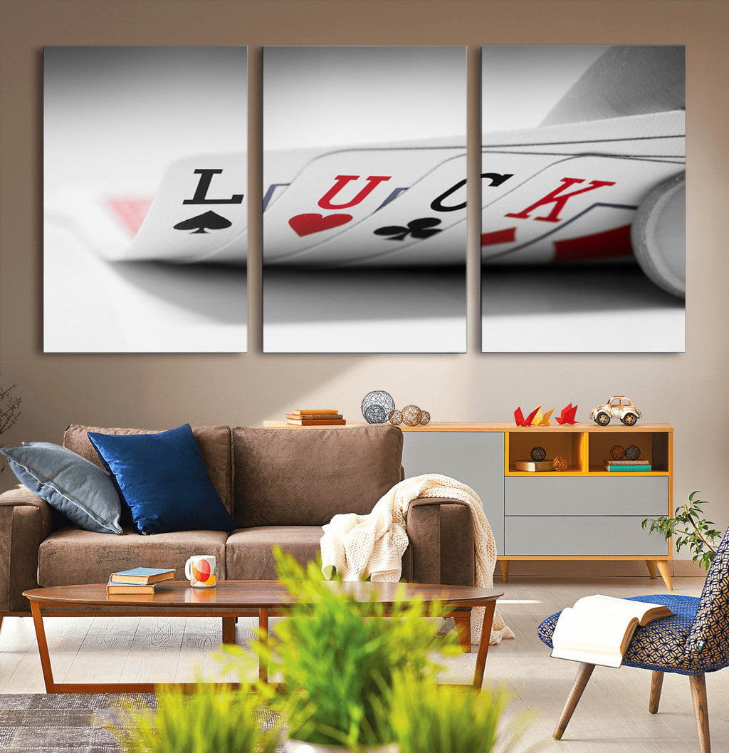 Framed Lucky Poker Cards Canvas | Modern Triptych Wall Art for Game Rooms