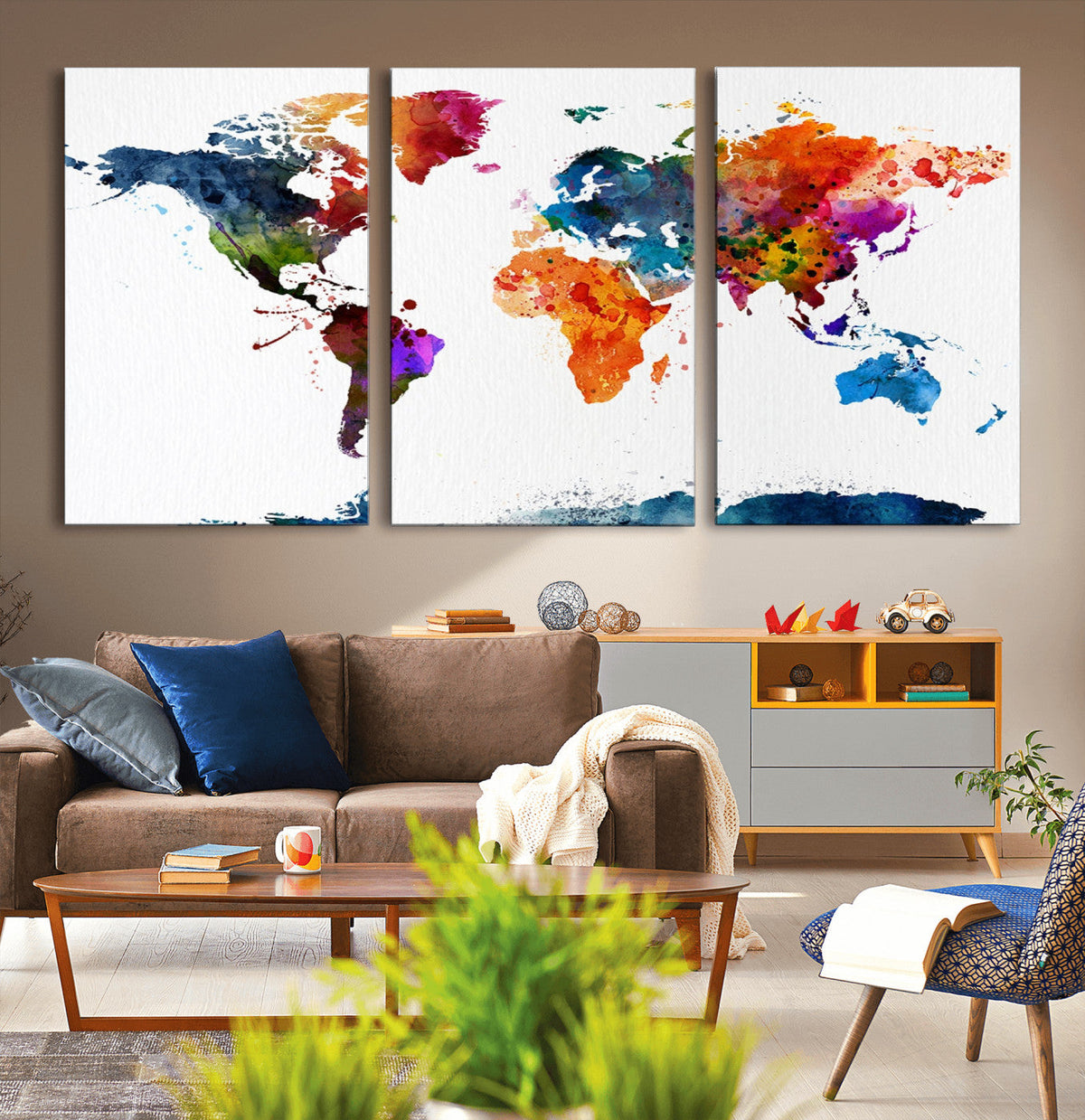 Bold Colorful World Map Canvas Print | Detailed Map of the World Wall Art