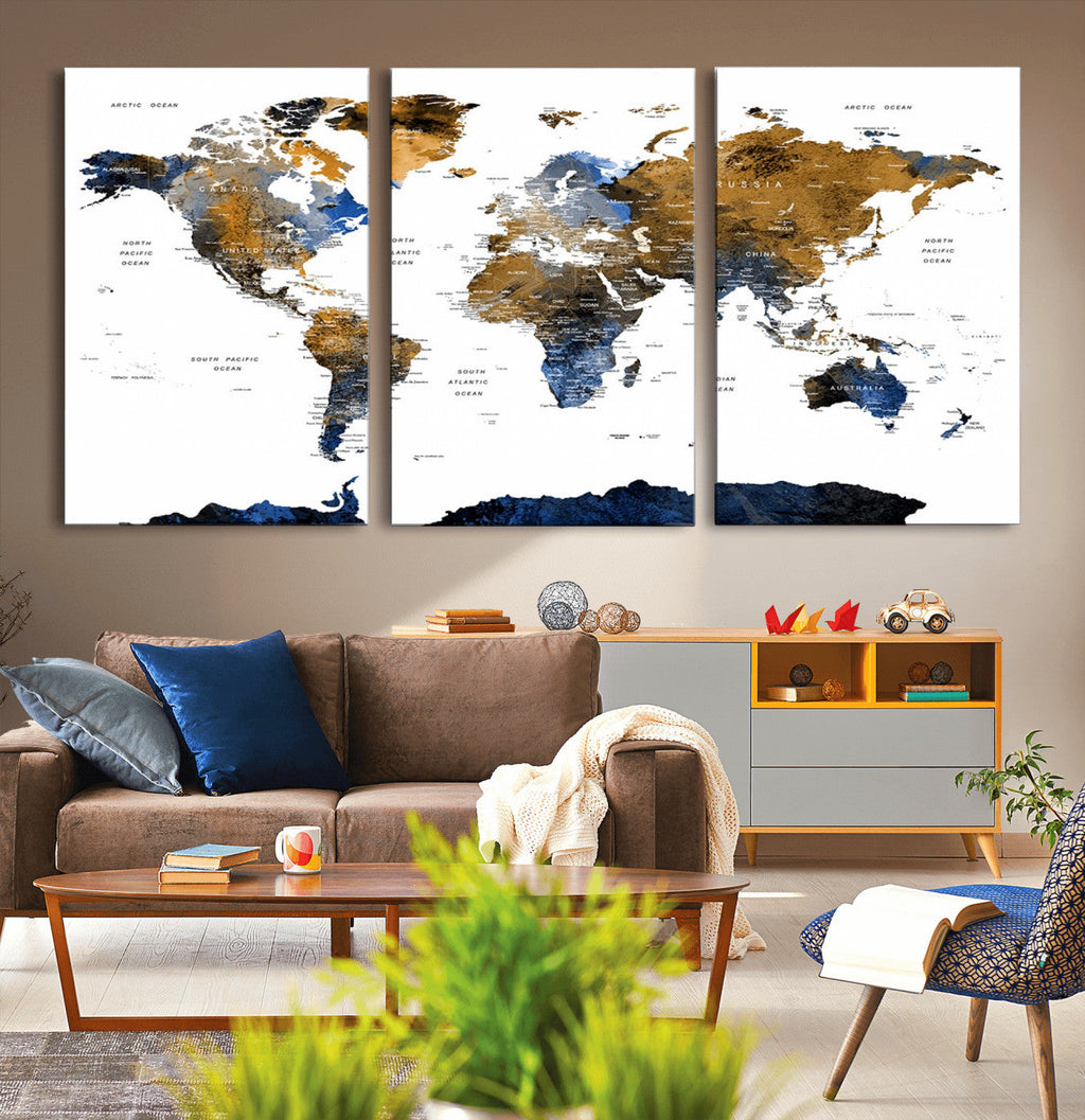 Modern Abstract World Map Canvas Wall Art | Framed Blue and Gold Map Print