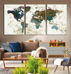Vintage World Map Wall Art Canvas Print, Framed Rustic Earth Tone Map