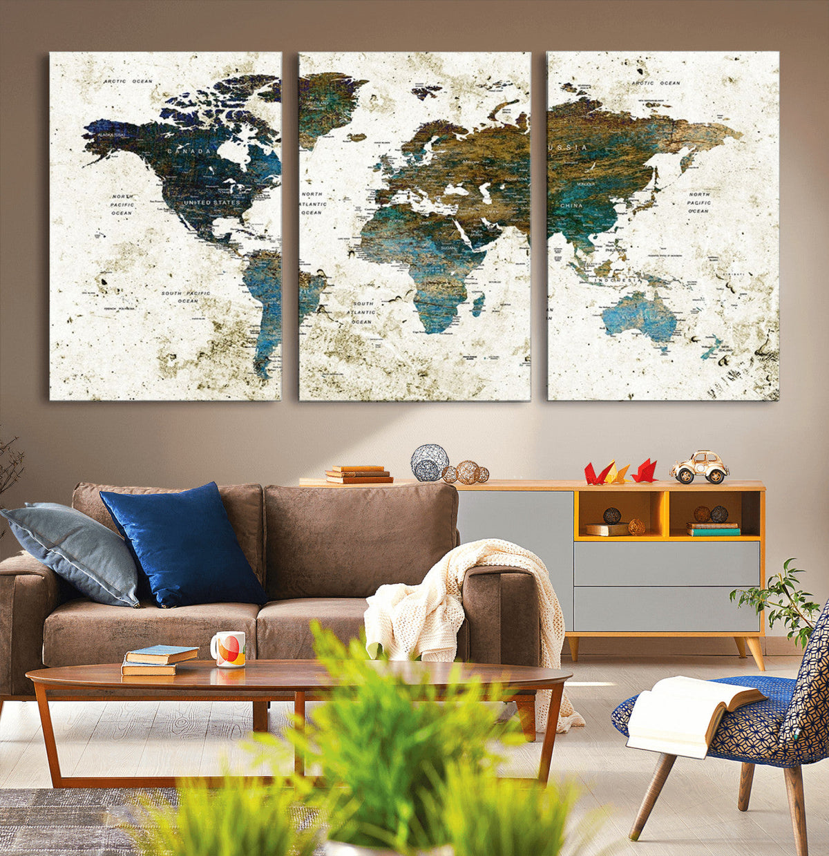 Vintage World Map Wall Art Canvas Print, Framed Rustic Earth Tone Map