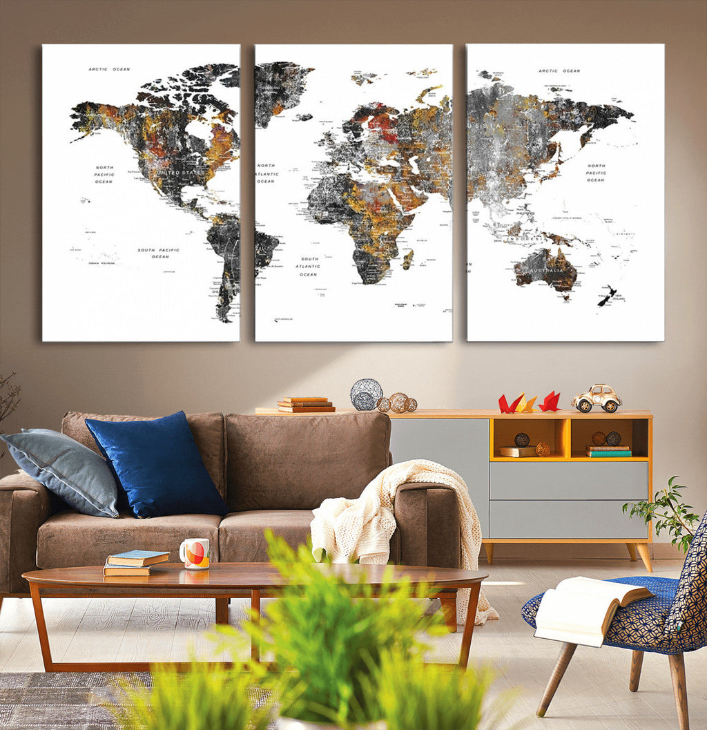 Modern Metallic World Map Canvas Wall Art | Framed Contemporary World Map Print