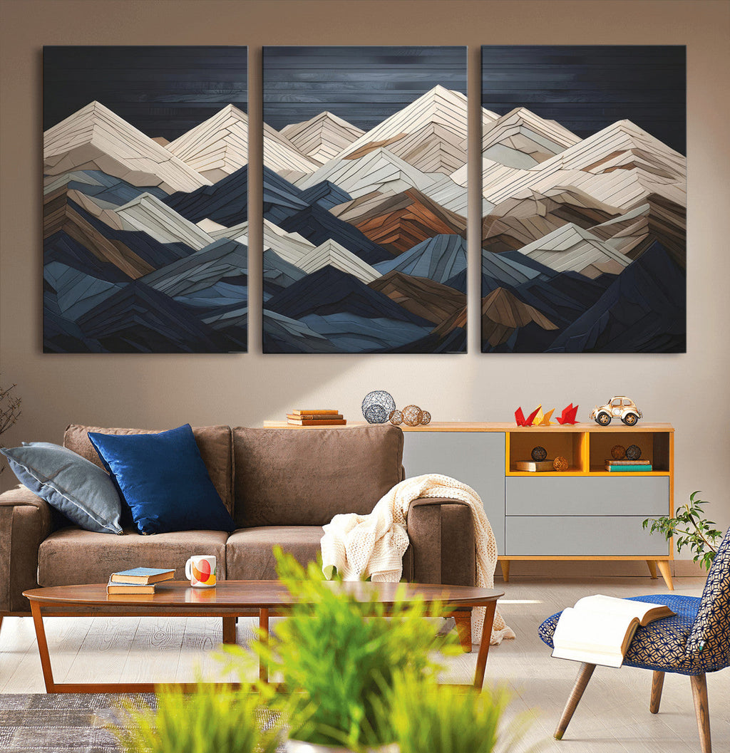 Rustic Mountain Landscape Wall Art Canvas Print, Framed 3D Wooden Effect Mountain Art
