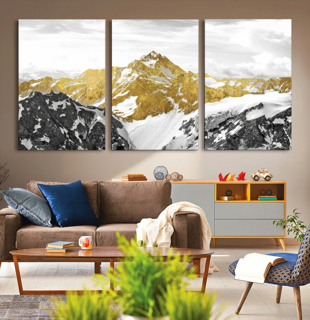 Gold Abstract Mountains Wall Art Print on Canvas, Nature Wall Art Print