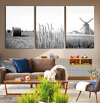 Vintage Farmhouse Black and White Triptych Wall Art, Giclee Canvas with Wheat Fields, Hay Bales and Windmill