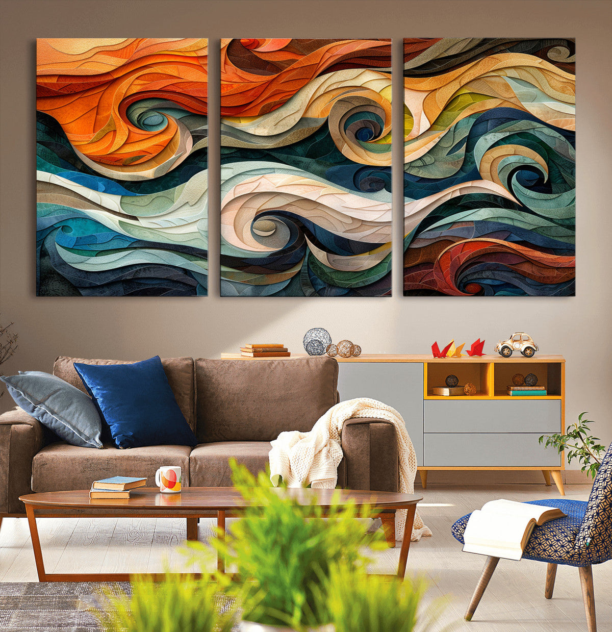 Abstract Wave Wall Art, Ready to Hang Framed Canvas Print | Extra Large 3 Piece Canvas Wall Art