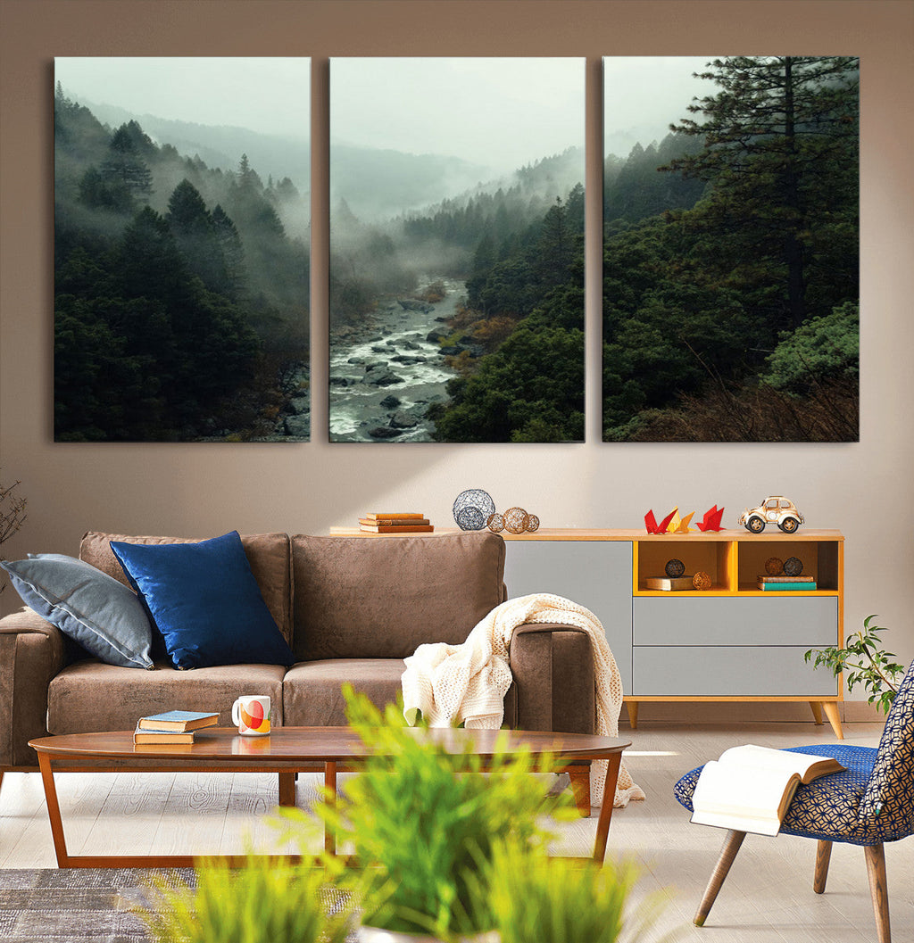 Misty Forest Wall Art, Tranquil Nature Landscape, Ready to Hang | Extra Large 3 Piece Canvas Wall Art