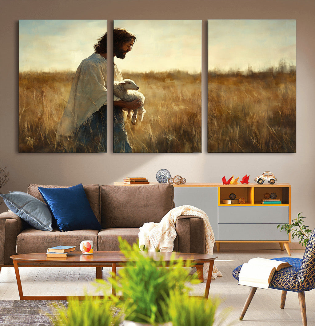 Jesus the Good Shepherd Wall Art Canvas Print, Inspirational Christian Religious Print for Prayer Room