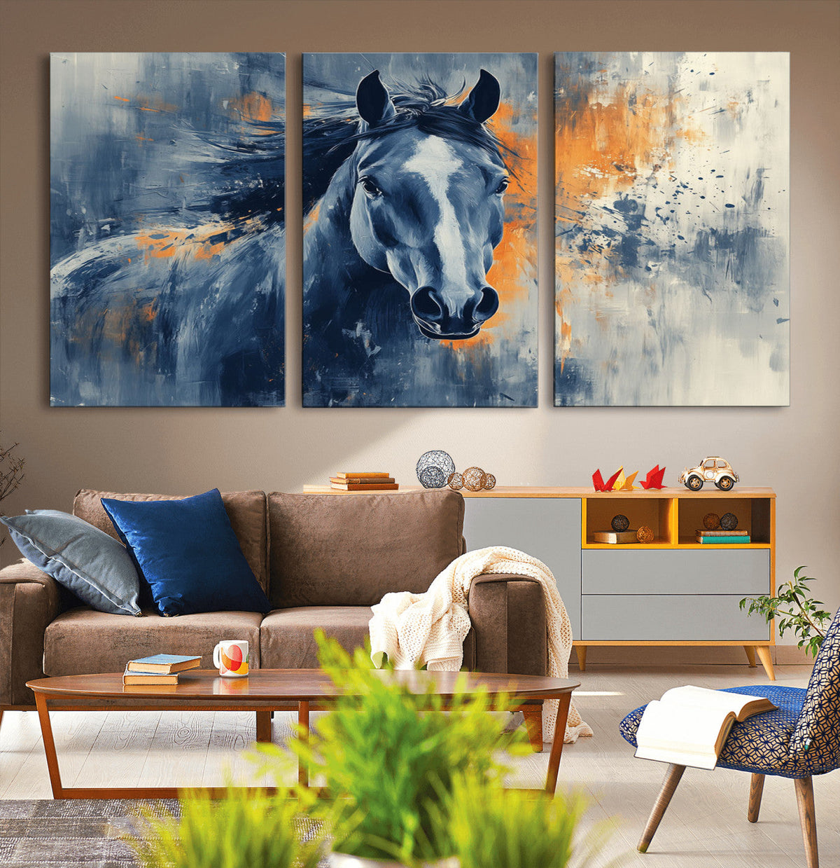 Abstract Blue Horse Wall Art Print Canvas | Western Horse Wall Art for Farmhouse Decor