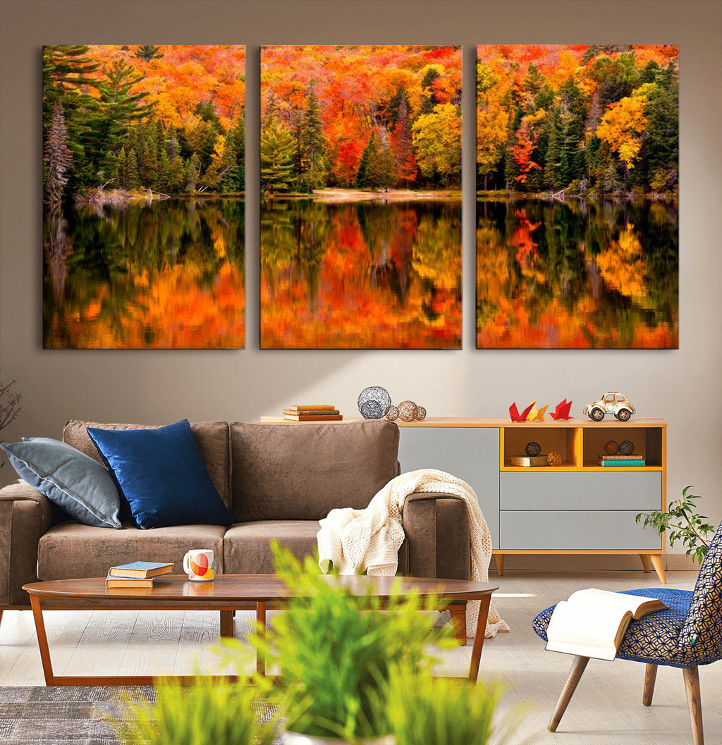 Forest Reflection Art | Autumn Forest Reflection Wall Art | Triptych Canvas Print