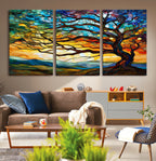 Vibrant Mosaic Tree of Life Wall Art, Stained Glass Style Canvas Print