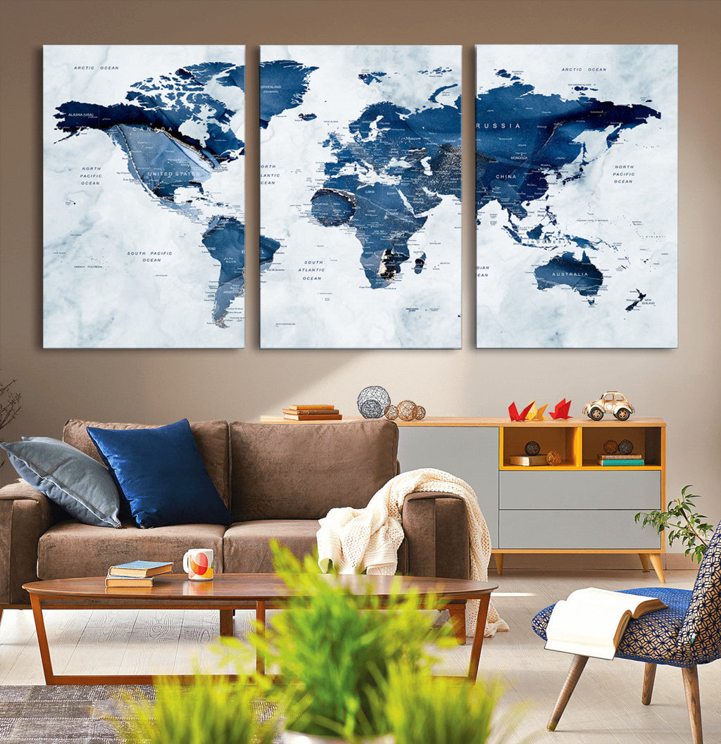 Modern Blue World Map Canvas Print | Elegant Travel Map Wall Art for Home Office