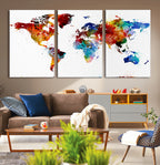 Colorful World Map Canvas Wall Art Print, Contemporary Global Map Artwork