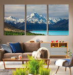 Mount Cook and Lake Pukaki Canvas Wall Art Print | Majestic Snow Capped Peaks