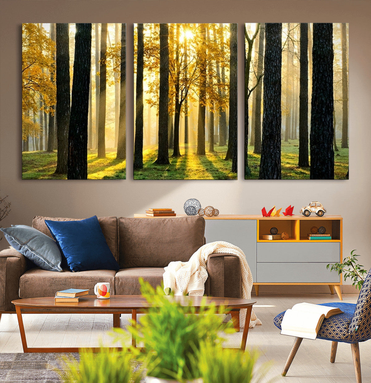 Sunlit Forest Wall Art Canvas Print, Large Framed Woodland Scene with Golden Light