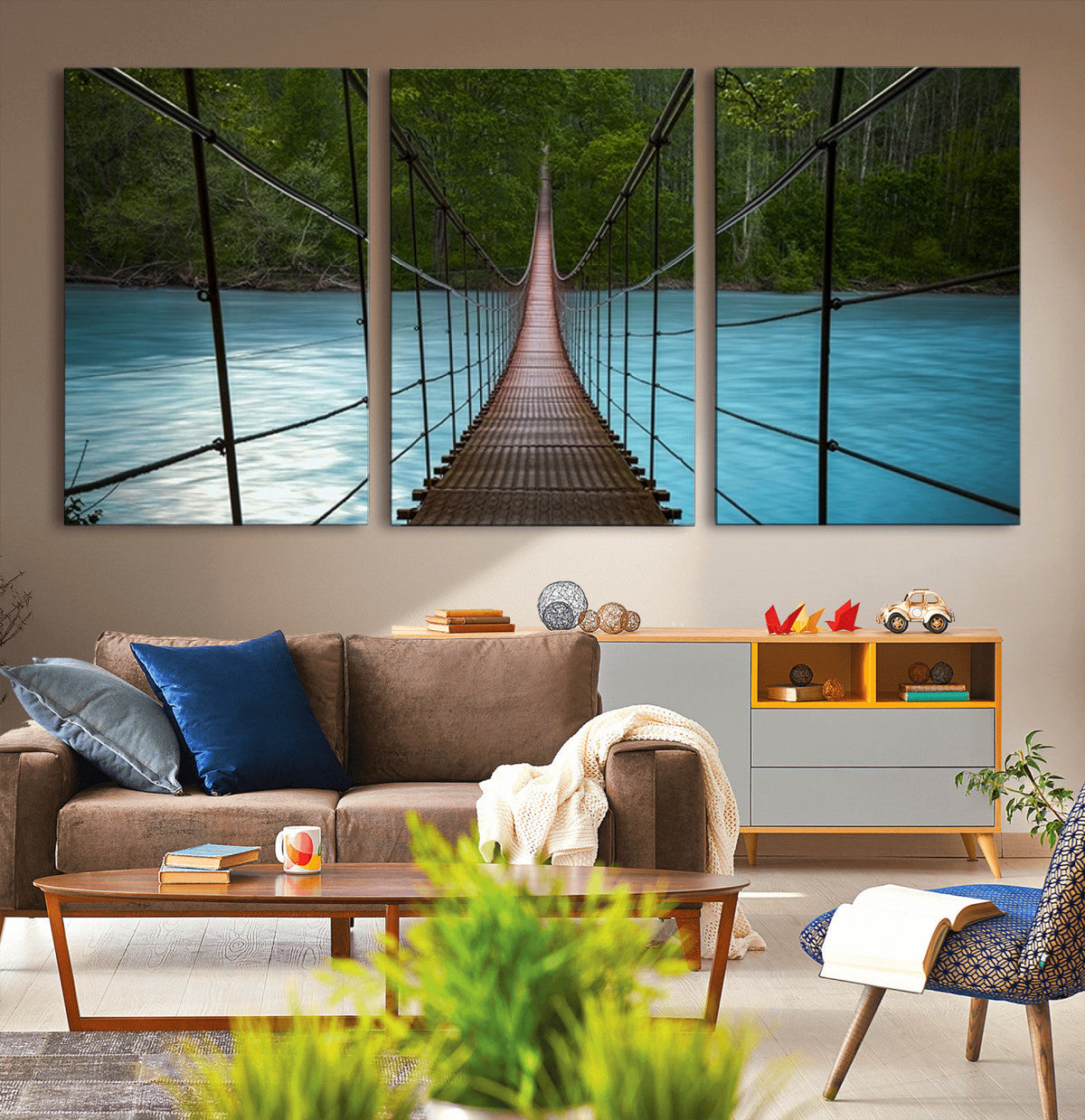 Suspension Bridge Over River Canvas Art | 3-Panel Nature Wall Art
