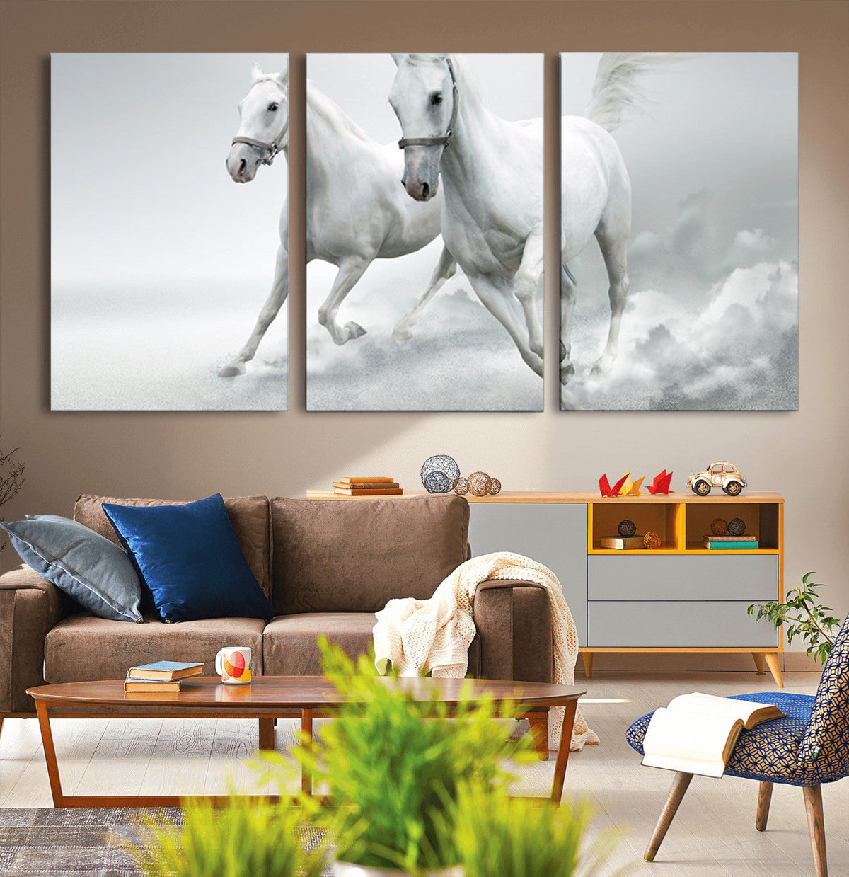 Large Wall Art Canvas Print, Beautiful Running White Horses