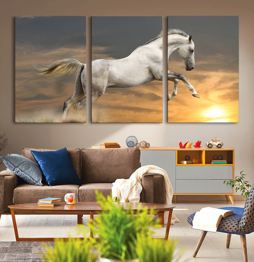 Large Wall Art Canvas Print, White Jumping Horse at Sunset