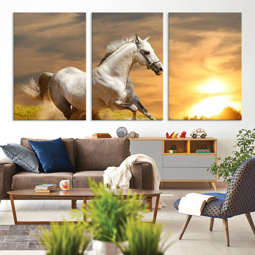 Large Wall Art Galloping White Horse at Sunset Canvas Print