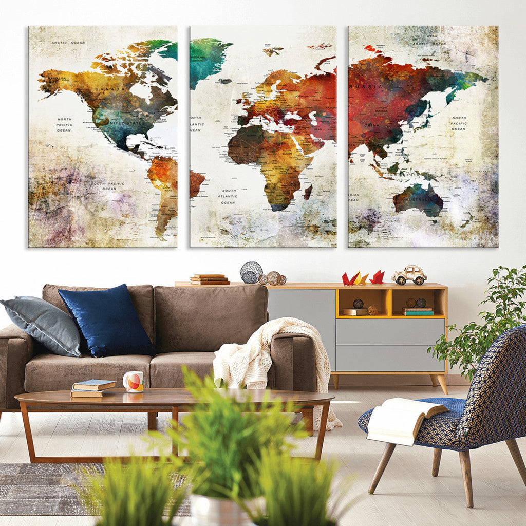 Watercolor World Map Canvas Print | Framed Travel Map Wall Art for Couples