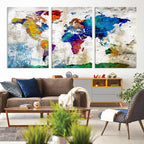 Navy Blue and Orange Watercolor World Map Canvas Print | Framed Travel Map