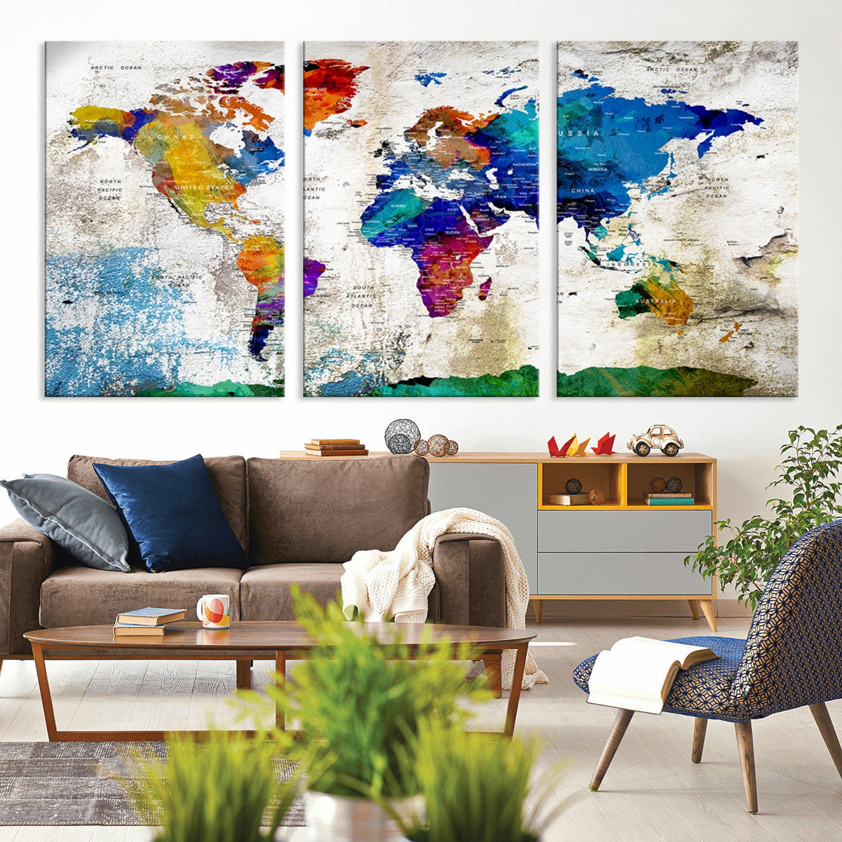 Navy Blue and Orange Watercolor World Map Canvas Print | Framed Travel Map