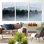 Autumn and Misty Trees in the Forest Wall Art Canvas Print, Foggy Forest Mountain Wall Art