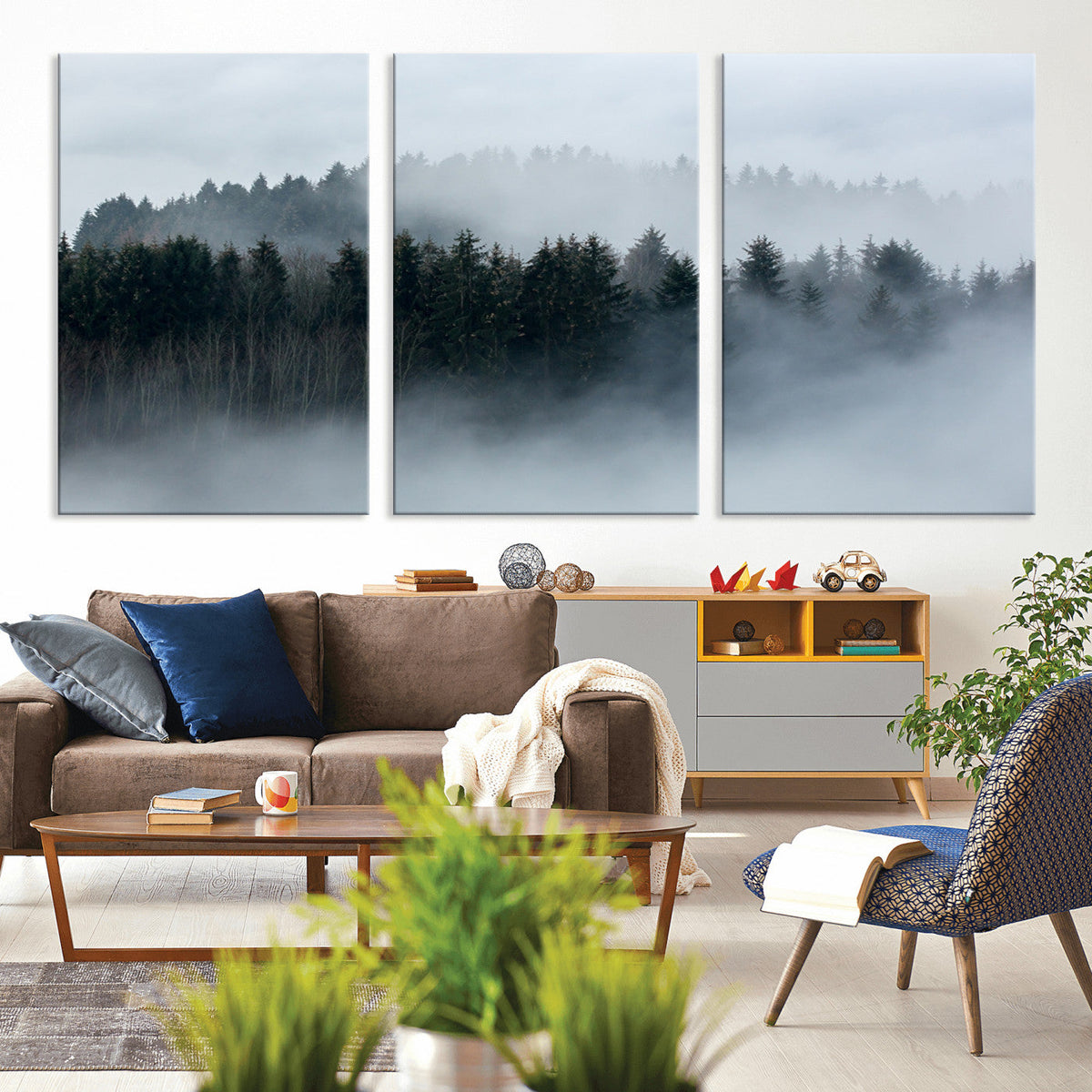 Autumn and Misty Trees in the Forest Wall Art Canvas Print, Foggy Forest Mountain Wall Art