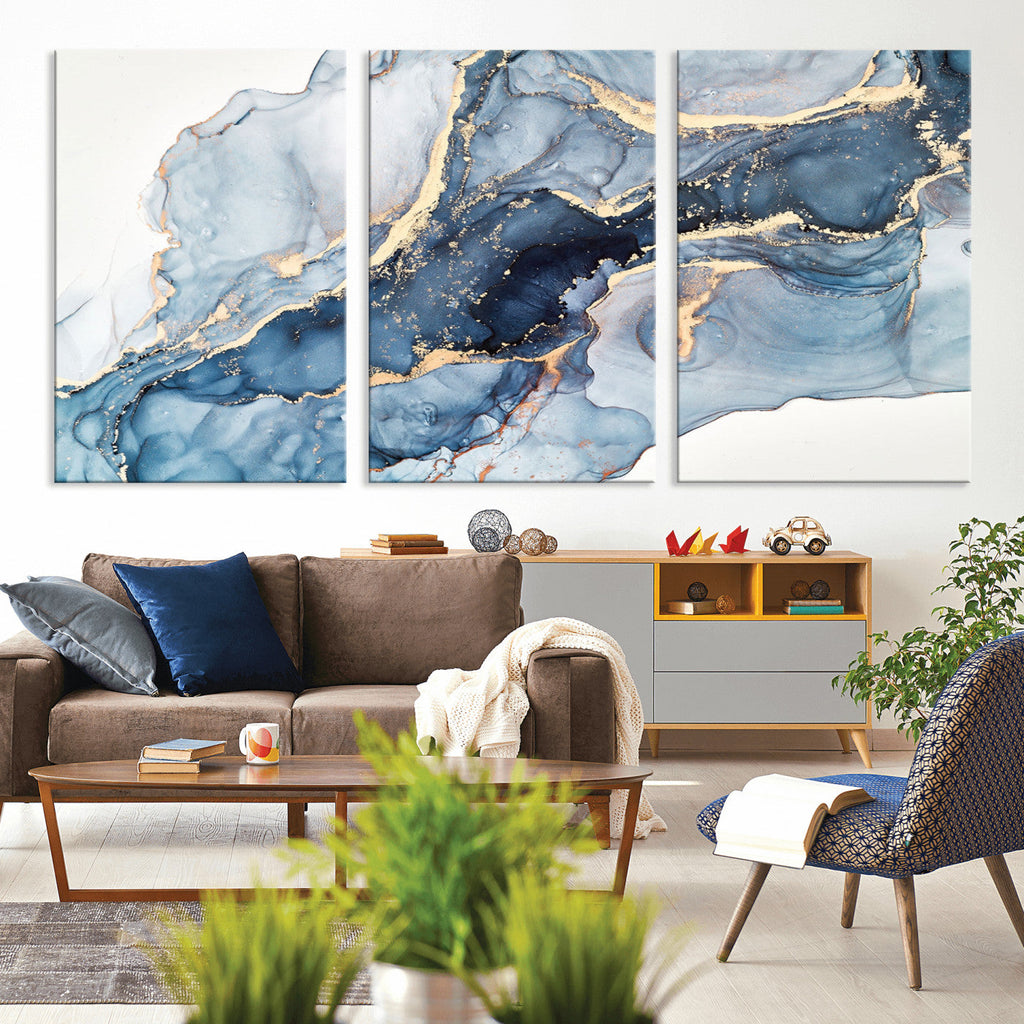 Blue Abstract Canvas Wall Art Print | Fluid Marble Effect Abstract Art