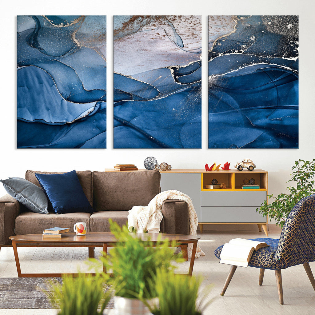 Navy Blue Canvas Art Abstract Print | Elegant Triptych Modern Art