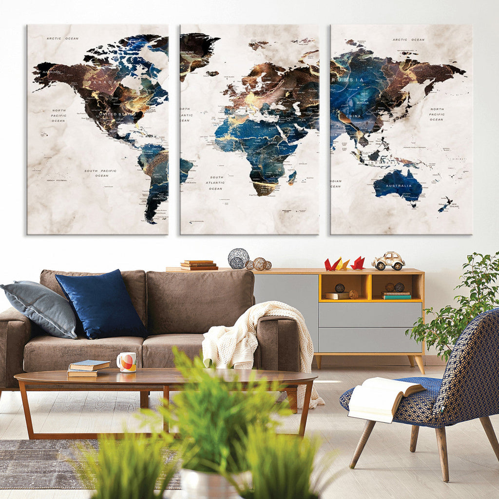 Abstract Earth Tone Blue World Map Canvas Print | Framed Travel Map Wall Art