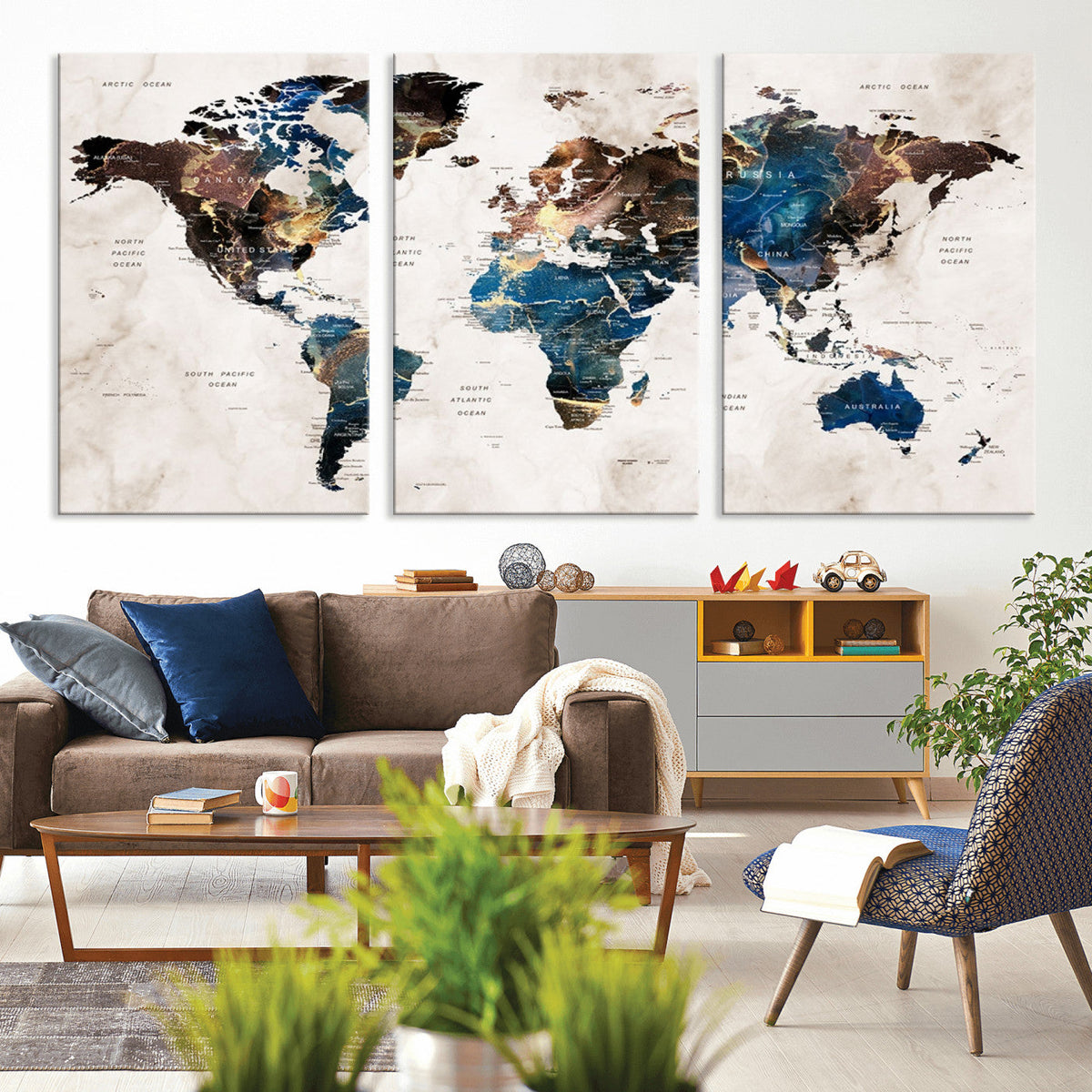 Abstract Earth Tone Blue World Map Canvas Print | Framed Travel Map Wall Art