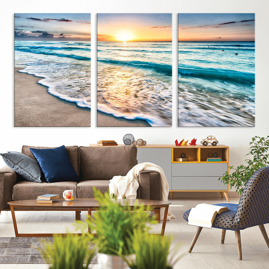 Sunset Beach Waves Canvas Wall Art | Ocean Sunset Coastal Print
