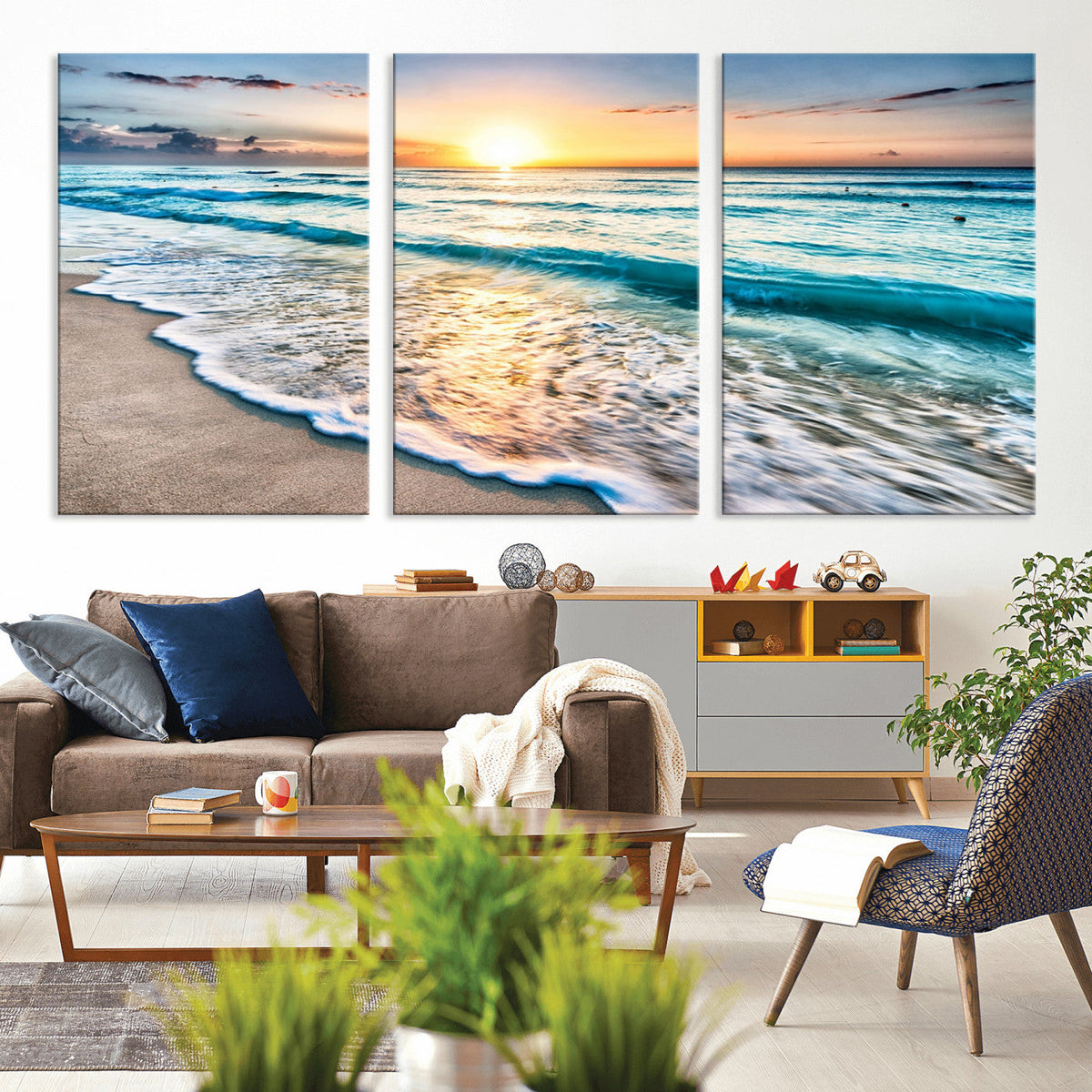 Sunset Beach Waves Canvas Wall Art | Ocean Sunset Coastal Print