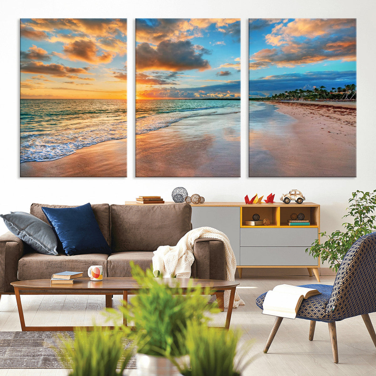 Sunset Beach Canvas Wall Art | Tropical Triptych Seascape Print